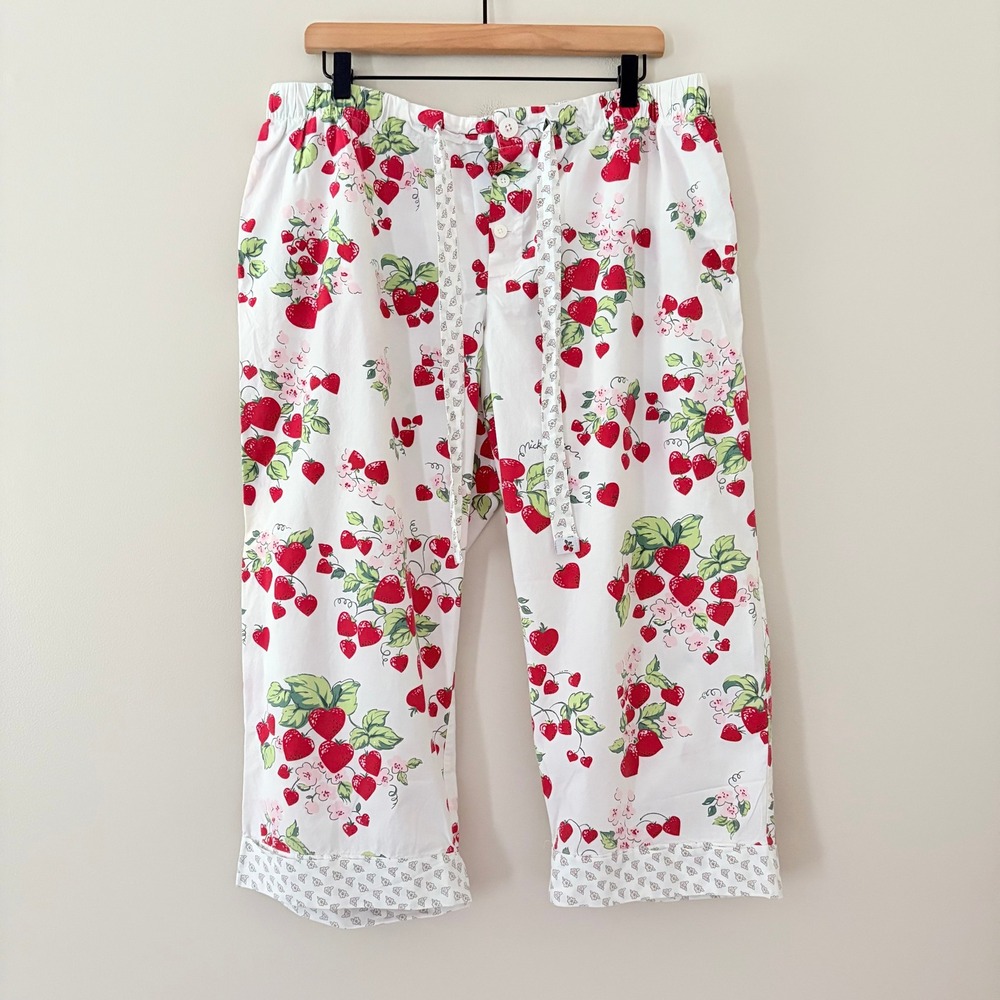 Nick & Nora Pajama Pants XL White Strawberry Kisses Capri Crop Cotton Sleepwear